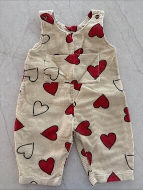 Cream Corduroy Kids Overalls with Red Heart Print